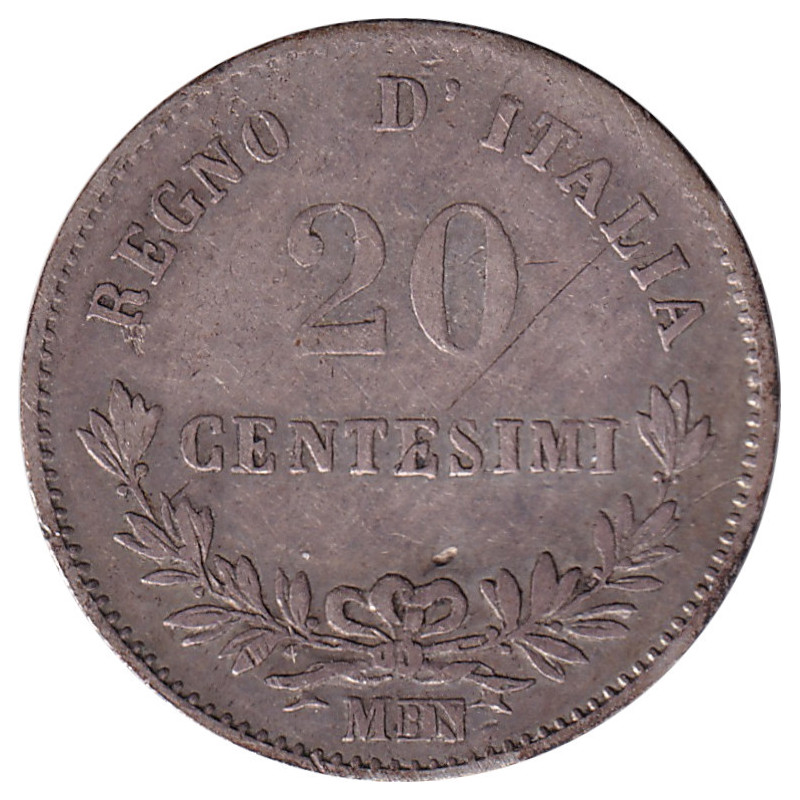 Italy - 20 centesimi - Victor Emmanuel II - Branches - 1863 M - No841
