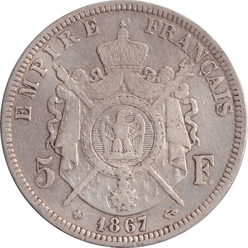 France - 5 francs - Napoléon III - Argent - Tête laurée - 1867 BB - No1229