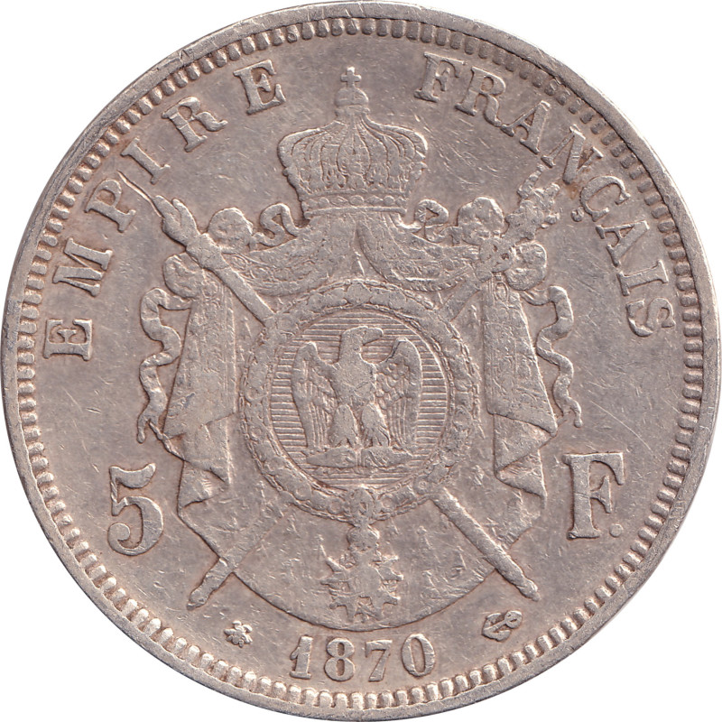 France - 5 francs - Napoléon III - Argent - Tête laurée - 1870 A - No1290