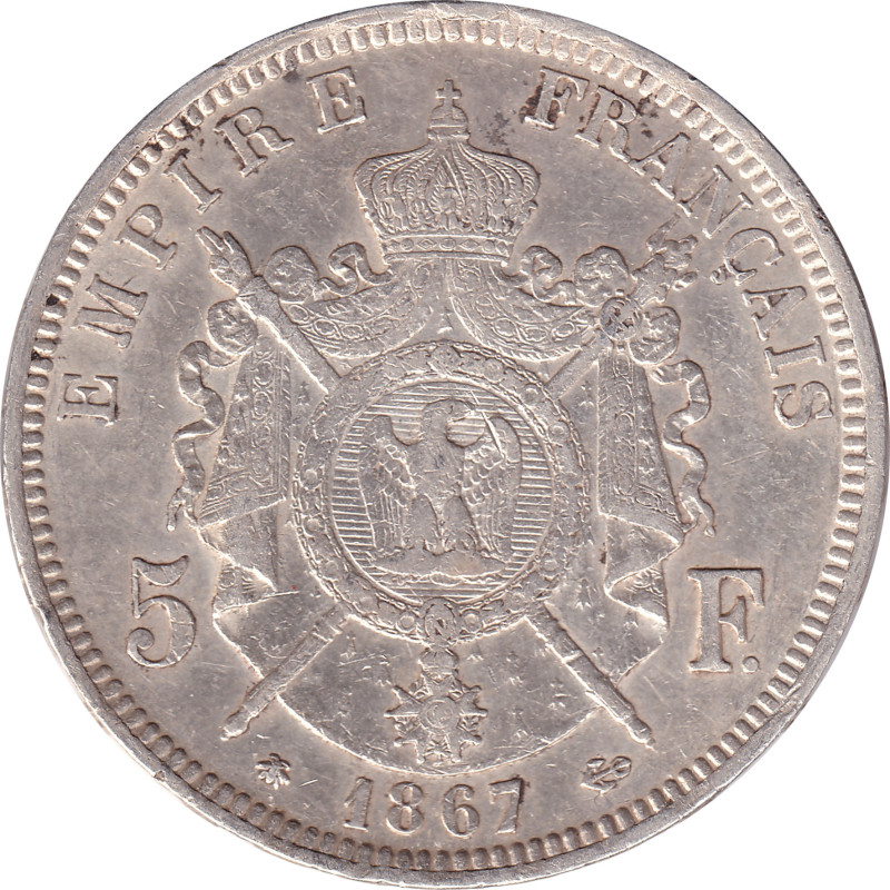France - 5 francs - Napoléon III - Argent - Tête laurée - 1867 A - No1294