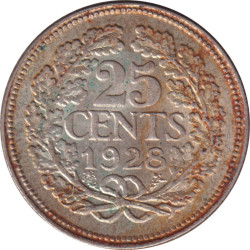 Netherlands - 25 cents - Wilhelmina I - Tête mature -  1928 - No622