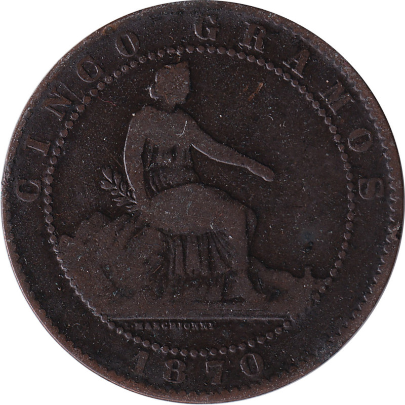 Spain - 5 centimos - Lion - 1870 OM - No1380