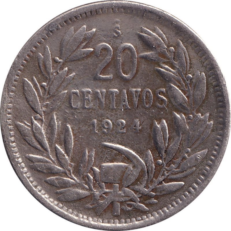Chile - 20 centavos - Profile Eagle - Cupronickel - No Sign - 1924 So - No1460